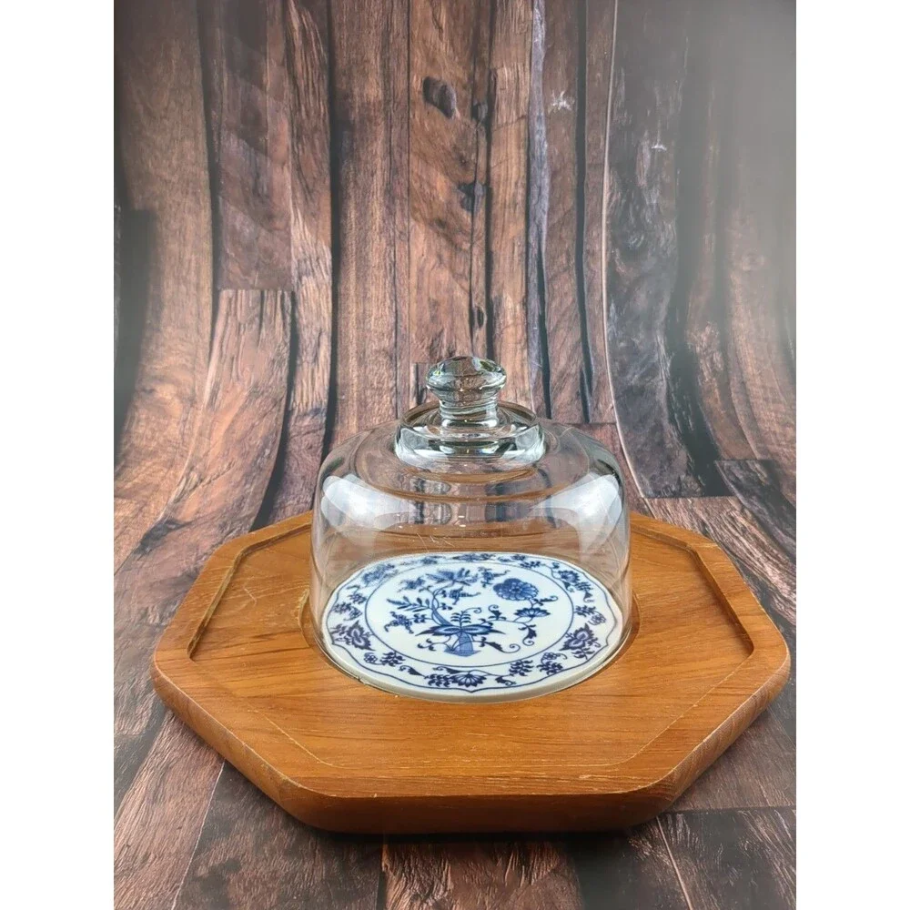Rustic Coastal Teak Wood Charcuterie Tray Glass Cloche‎ Blue Tile Hexagon VTG